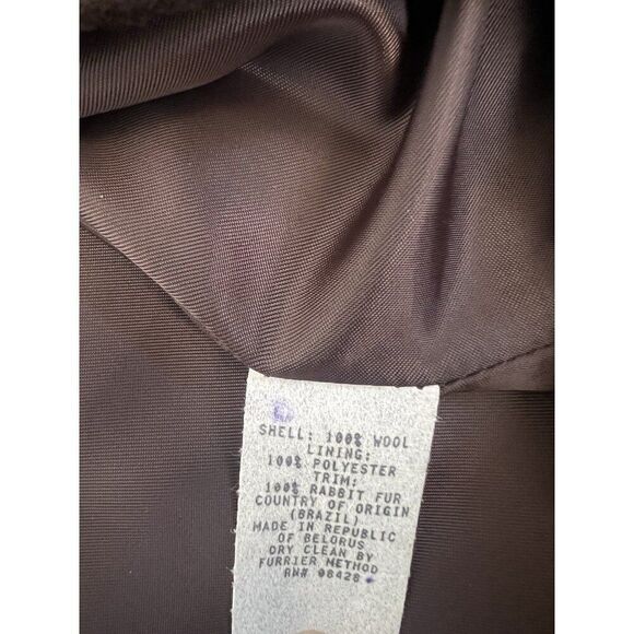 John Weitz Vintage Brown Wool Rabbit Fur Trim Hooded Wool Over Coat Size 14P - Picture 8 of 12